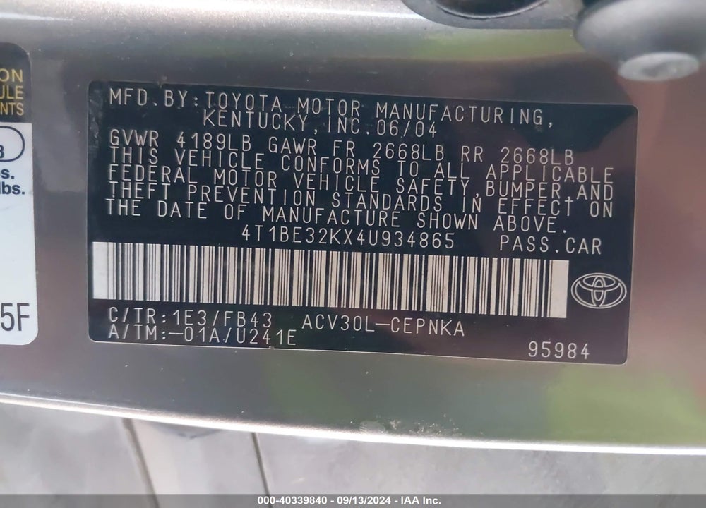 2004 TOYOTA CAMRY LE VIN: 4T1BE32KX4U934865