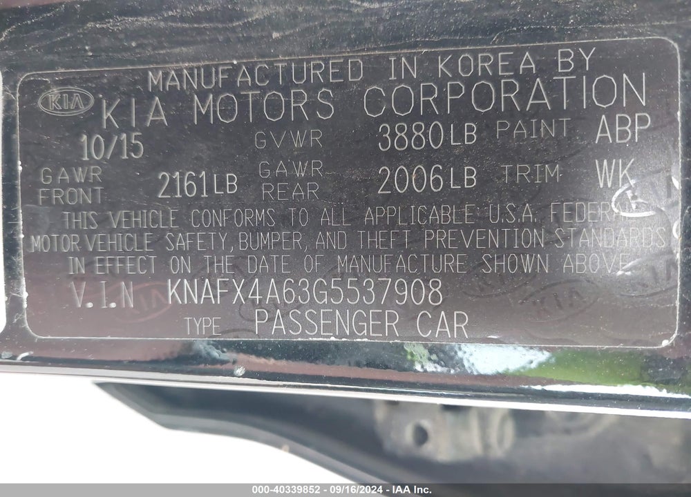 2016 KIA FORTE LX VIN: KNAFX4A63G5537908