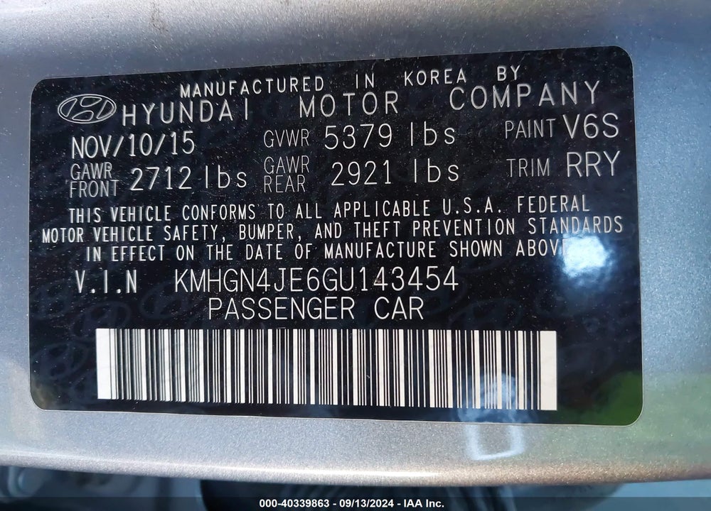 2016 HYUNDAI GENESIS 3.8 VIN: KMHGN4JE6GU143454