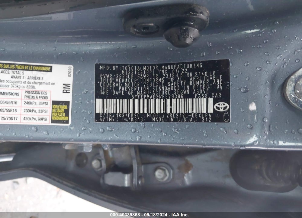 2022 TOYOTA COROLLA LE VIN: 5YFEPMAE3NP329386