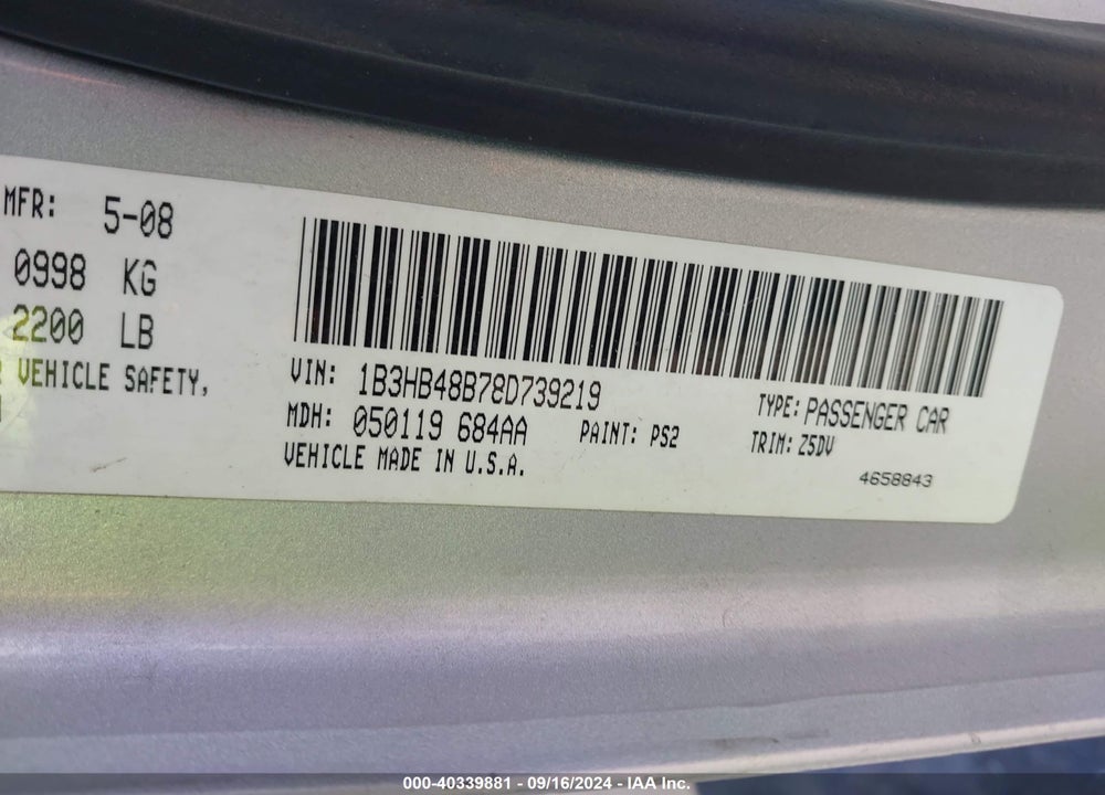 2008 DODGE CALIBER SXT VIN: 1B3HB48B78D739219