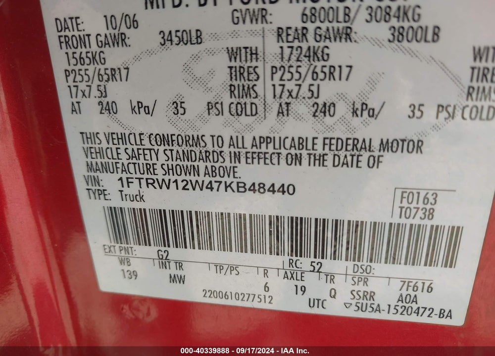 2007 FORD F-150 XLT VIN: 1FTRW12W47KB48440
