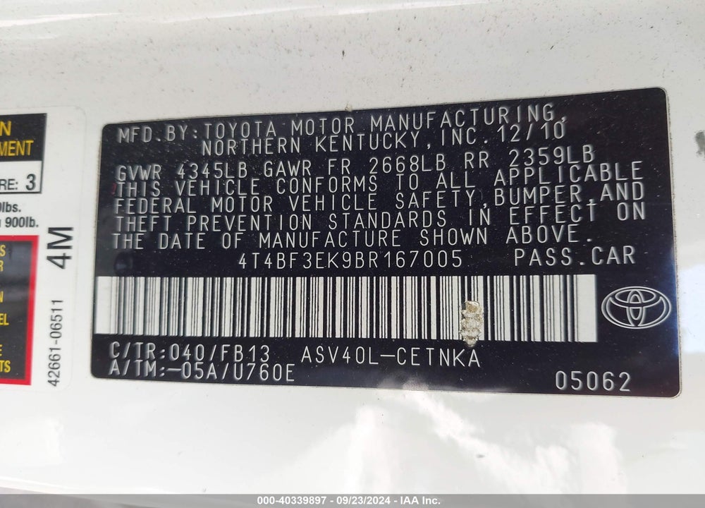 2011 TOYOTA CAMRY LE VIN: 4T4BF3EK9BR167005
