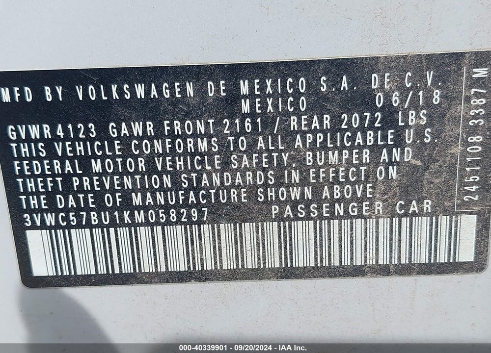 2019 VOLKSWAGEN JETTA S/SE/R-LINE VIN: 3VWC57BU1KM058297