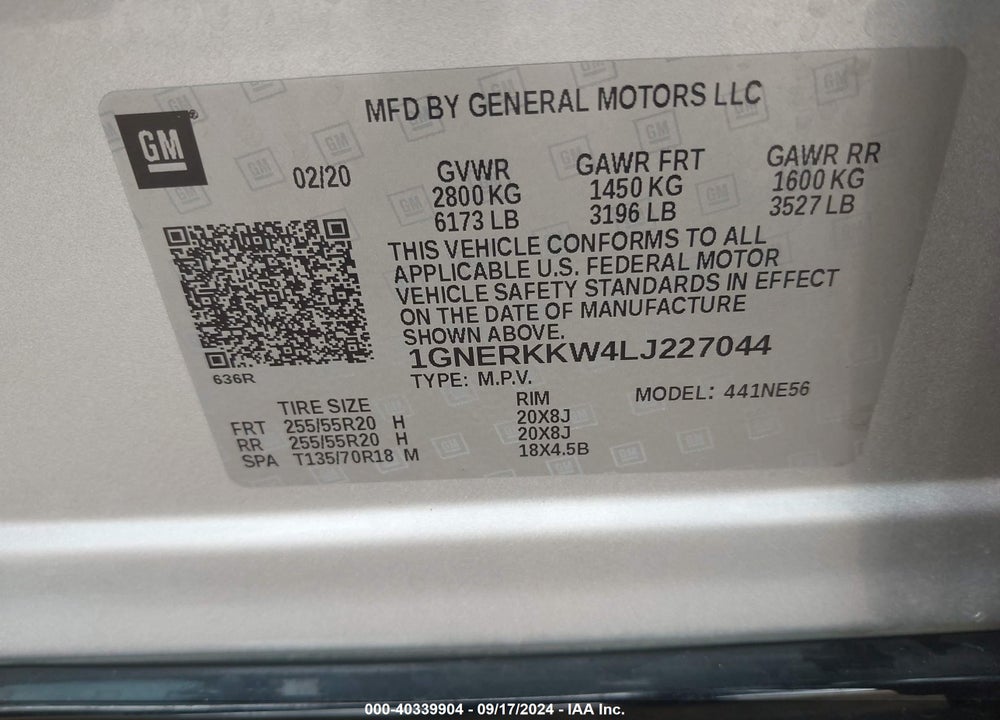 2020 CHEVROLET TRAVERSE FWD PREMIER VIN: 1GNERKKW4LJ227044