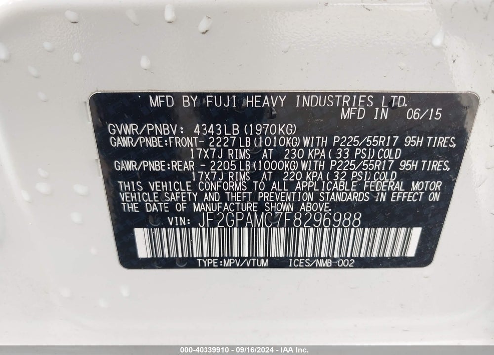2015 SUBARU XV CROSSTREK 2.0I LIMITED VIN: JF2GPAMC7F8296988