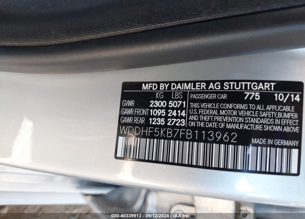 2015 MERCEDES-BENZ E 350 VIN: WDDHF5KB7FB113962