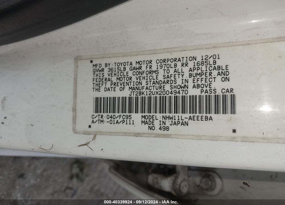 2002 TOYOTA PRIUS VIN: JT2BK12UX20049470
