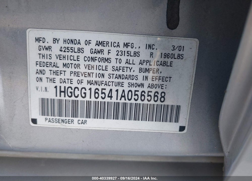 2001 HONDA ACCORD 3.0 EX VIN: 1HGCG16541A056568