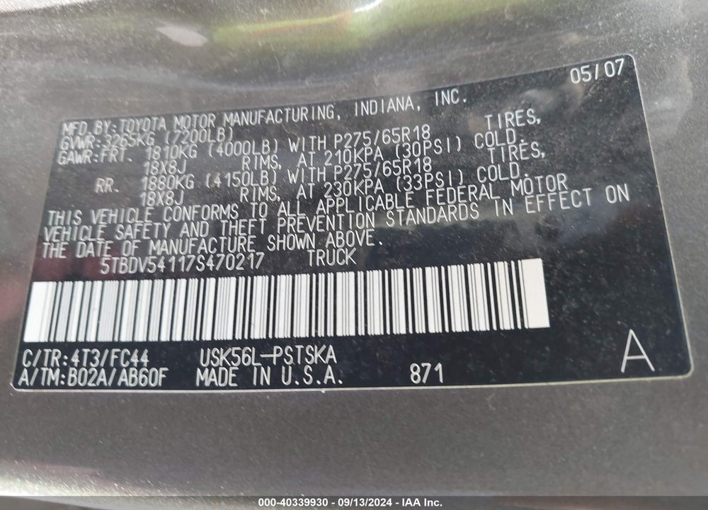 2007 TOYOTA TUNDRA SR5 5.7L V8 VIN: 5TBDV54117S470217