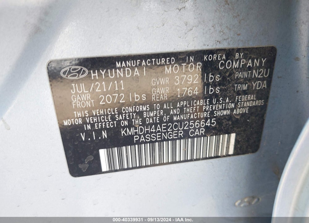 2012 HYUNDAI ELANTRA LIMITED (ULSAN PLANT) VIN: KMHDH4AE2CU256645