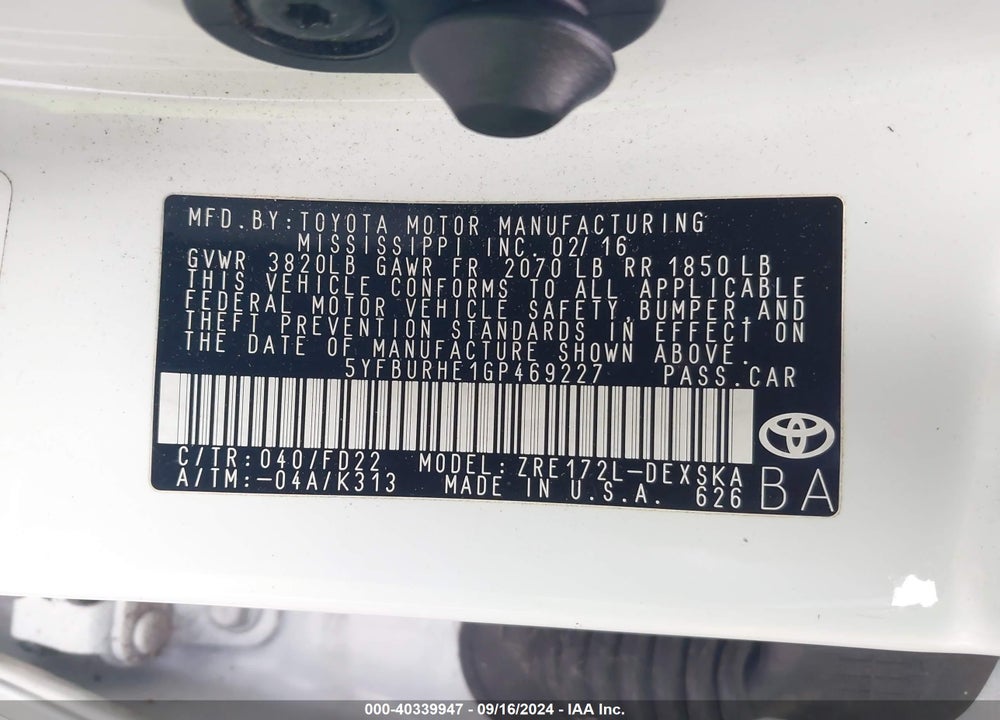 2016 TOYOTA COROLLA S PLUS VIN: 5YFBURHE1GP469227