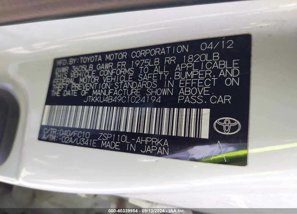 2012 SCION XD VIN: JTKKU4B49C1024194