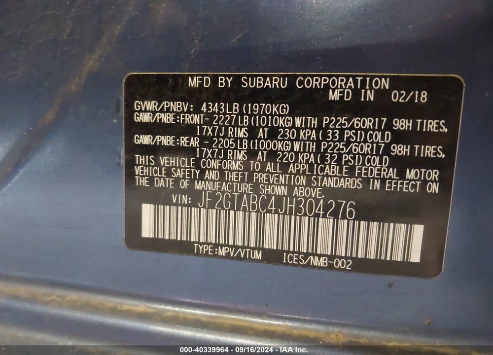 2018 SUBARU CROSSTREK VIN: JF2GTABC4JH304276