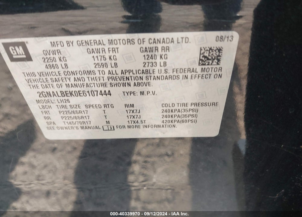 2014 CHEVROLET EQUINOX 1LT VIN: 2GNALBEK0E6107444
