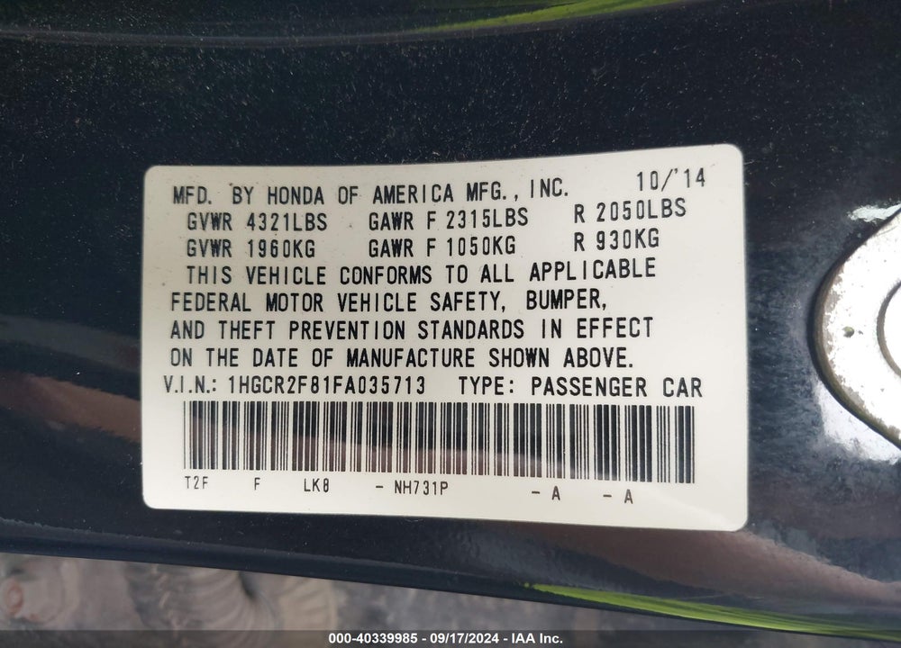 2015 HONDA ACCORD EX-L VIN: 1HGCR2F81FA035713