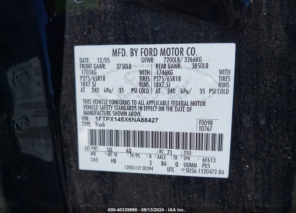 2006 FORD F-150 FX4/LARIAT/XL/XLT VIN: 1FTPX145X6NA88427