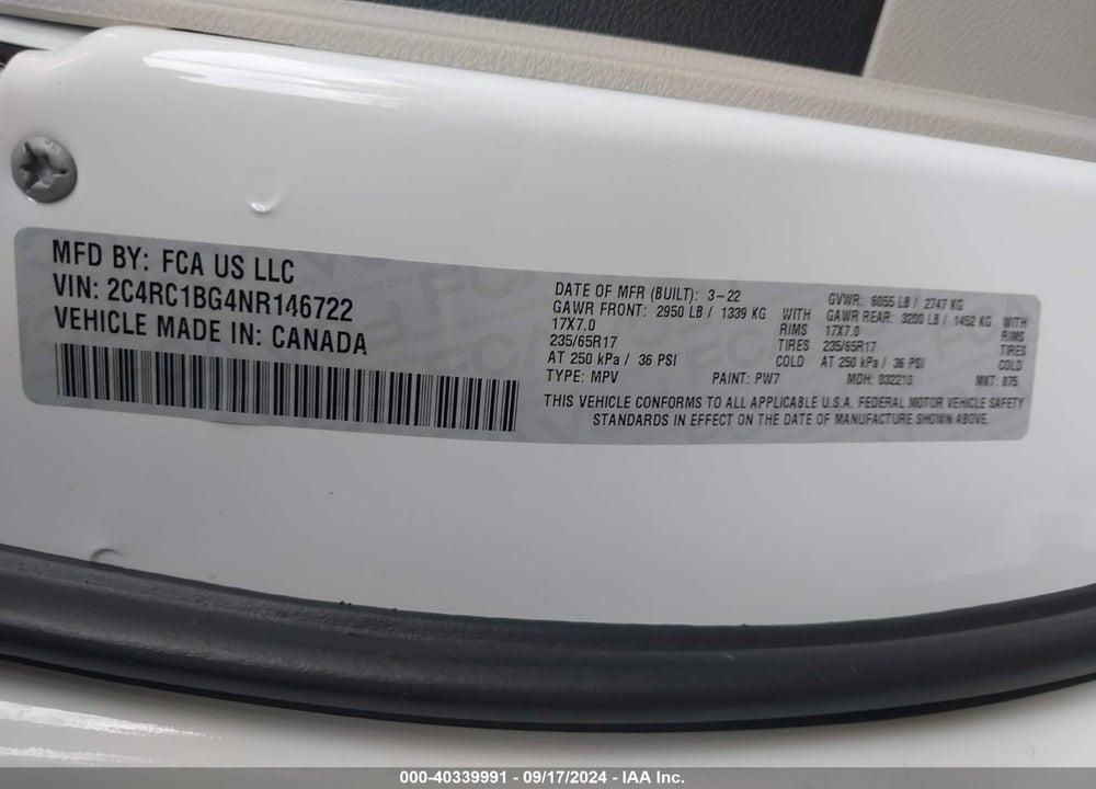 2022 CHRYSLER PACIFICA TOURING L VIN: 2C4RC1BG4NR146722