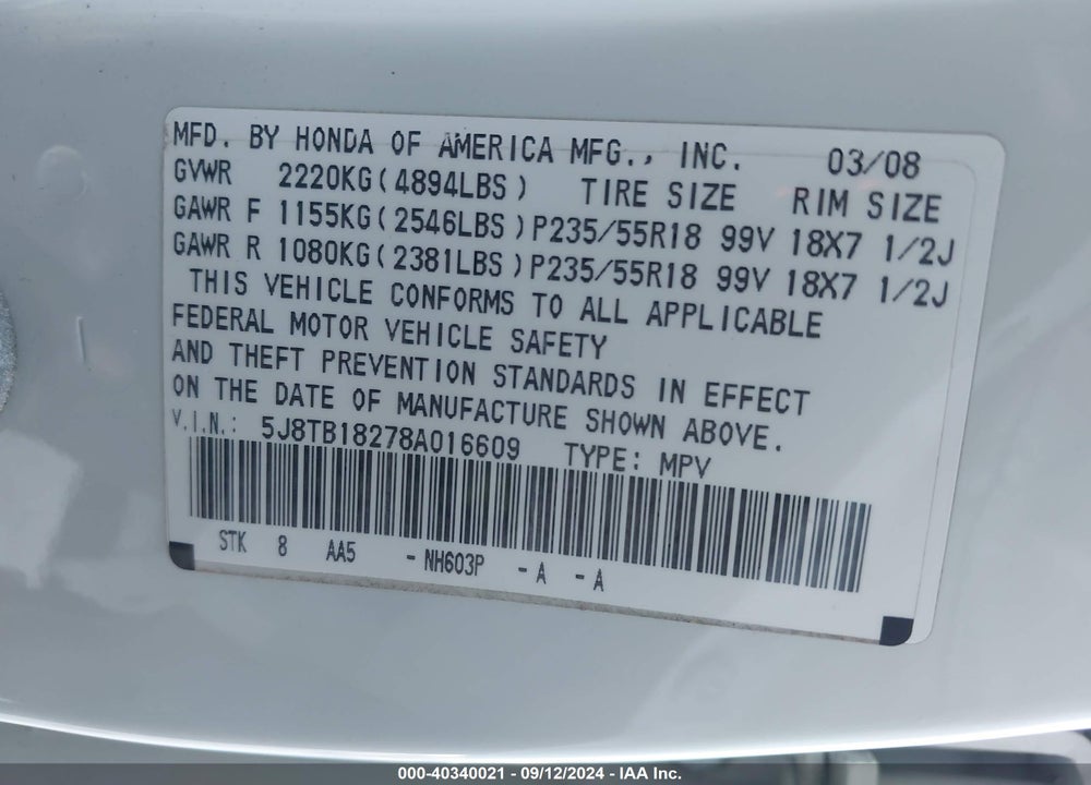 2008 ACURA RDX VIN: 5J8TB18278A016609