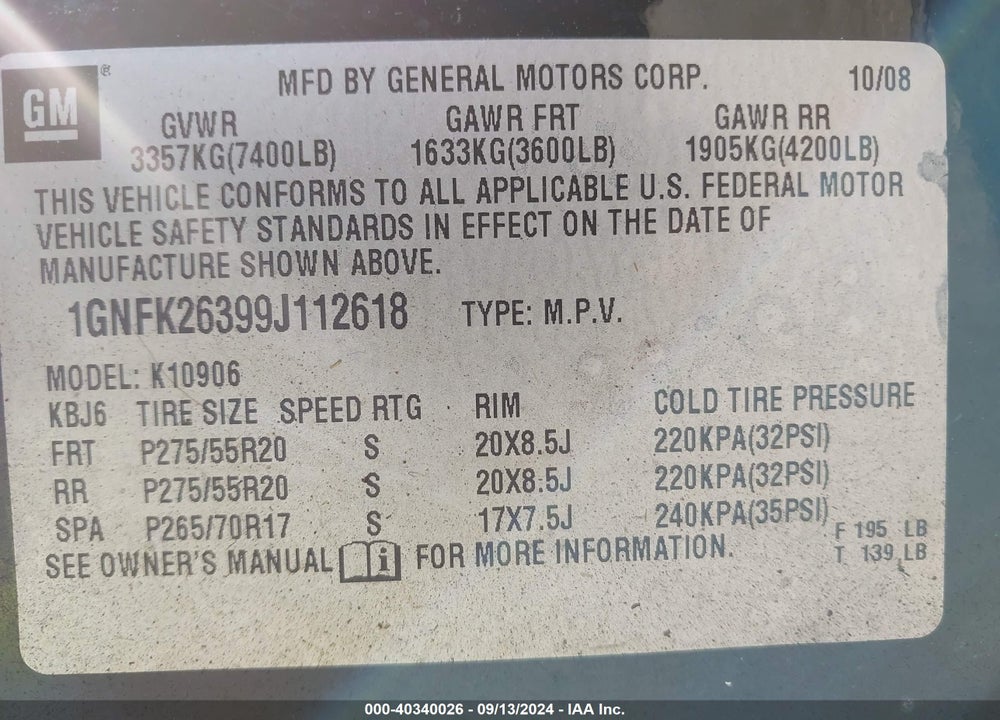 2009 CHEVROLET SUBURBAN 1500 LT2 VIN: 1GNFK26399J112618