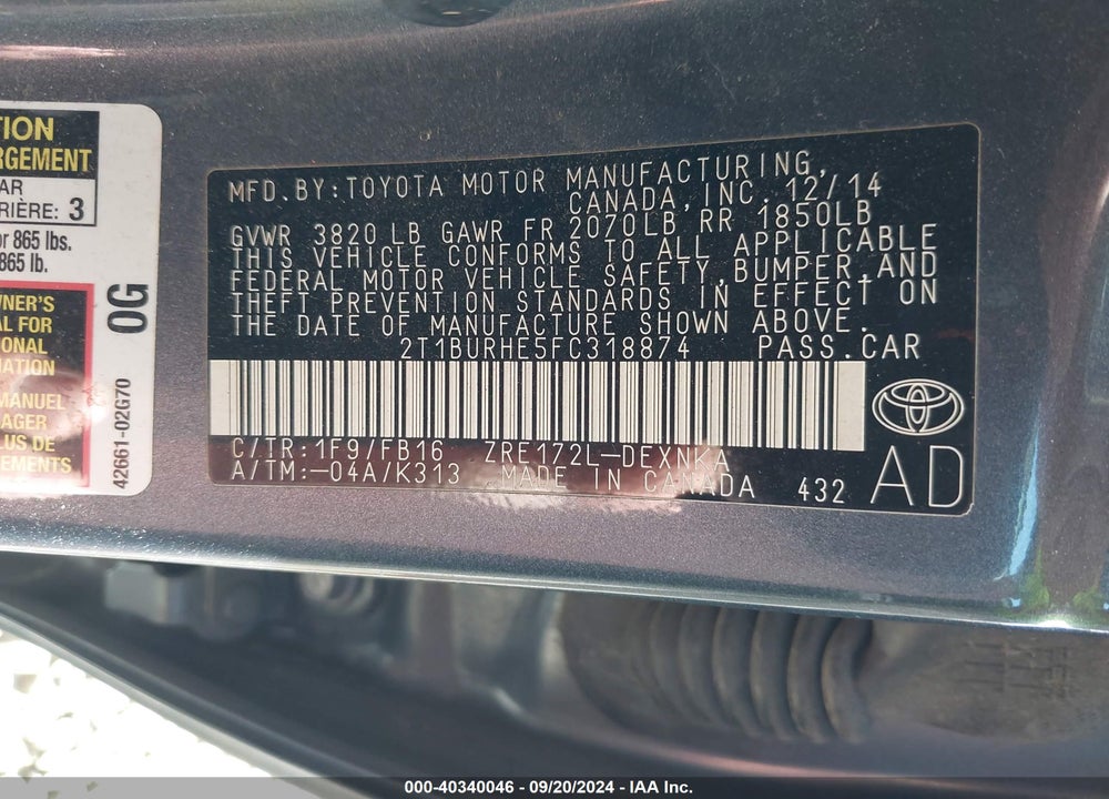 2015 TOYOTA COROLLA LE PLUS VIN: 2T1BURHE5FC318874