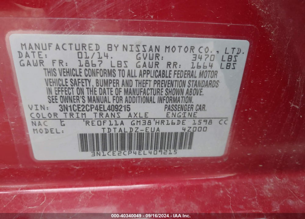 2014 NISSAN VERSA NOTE S (SR)/S PLUS/SV VIN: 3N1CE2CP4EL409215