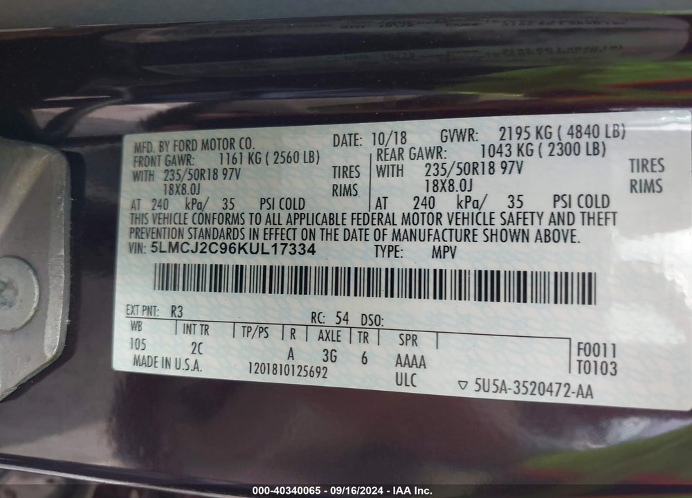 2019 LINCOLN MKC SELECT VIN: 5LMCJ2C96KUL17334