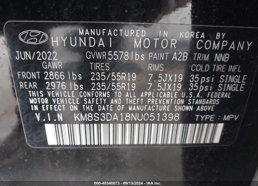 2022 HYUNDAI SANTA FE HYBRID SEL PREMIUM VIN: KM8S3DA18NU051398