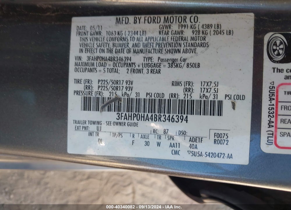 2011 FORD FUSION SE VIN: 3FAHP0HA4BR346394