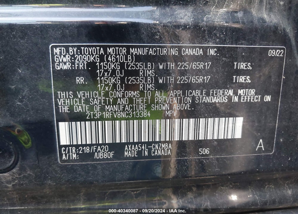 2022 TOYOTA RAV4 XLE VIN: 2T3P1RFV8NC313384
