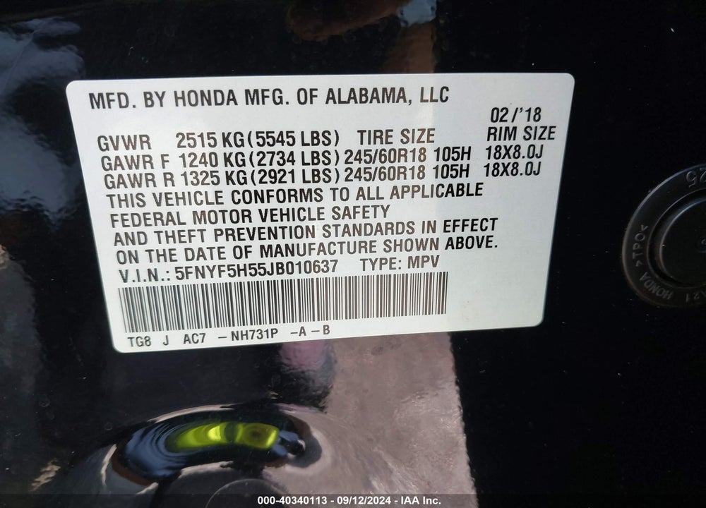 2018 HONDA PILOT EX-L VIN: 5FNYF5H55JB010637