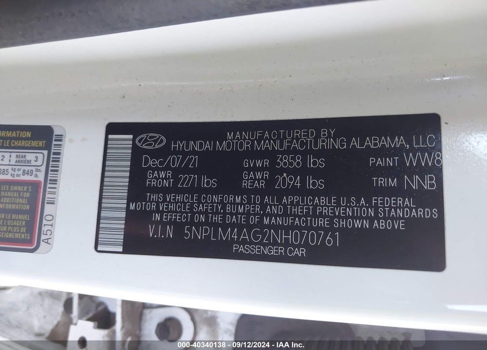 2022 HYUNDAI ELANTRA SEL VIN: 5NPLM4AG2NH070761
