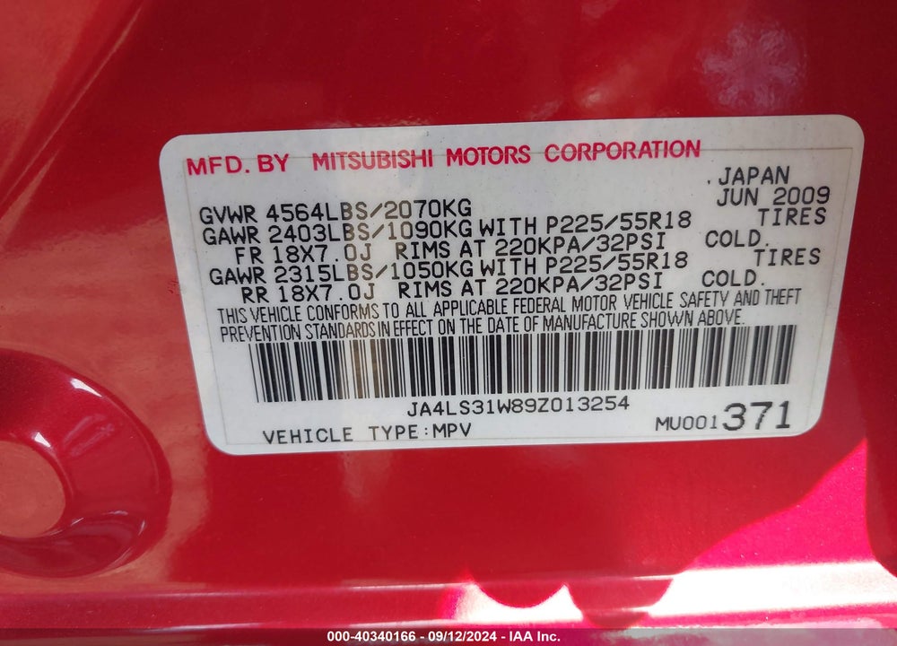2009 MITSUBISHI OUTLANDER SE VIN: JA4LS31W89Z013254