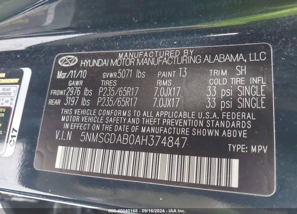 2010 HYUNDAI SANTA FE VIN: 5NMSGDAB0AH374847