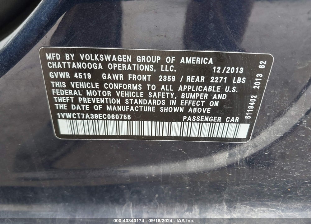 2014 VOLKSWAGEN PASSAT 1.8T SEL PREMIUM VIN: 1VWCT7A39EC060755