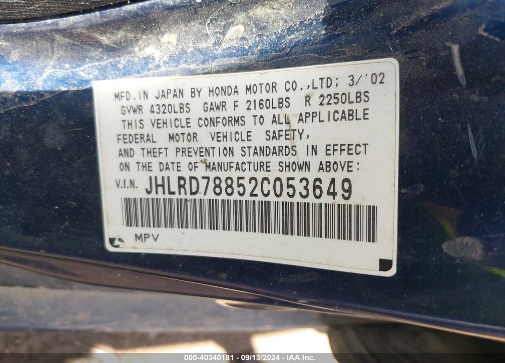 2002 HONDA CR-V EX VIN: JHLRD78852C053649