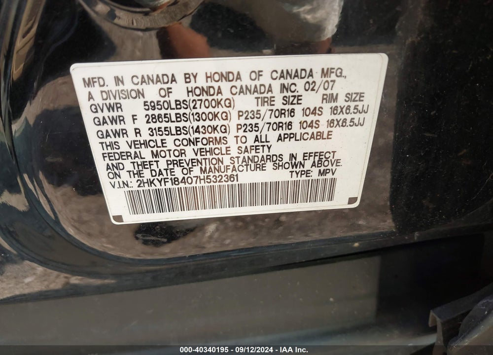 2007 HONDA PILOT EX VIN: 2HKYF18407H532361