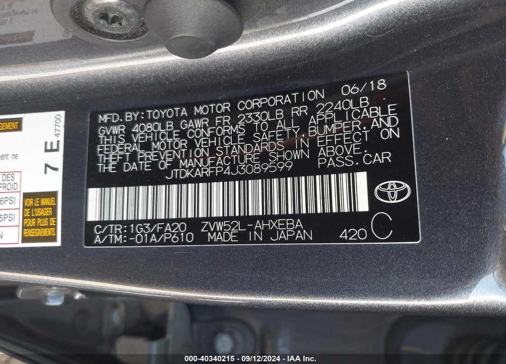 2018 TOYOTA PRIUS PRIME PLUS VIN: JTDKARFP4J3089599