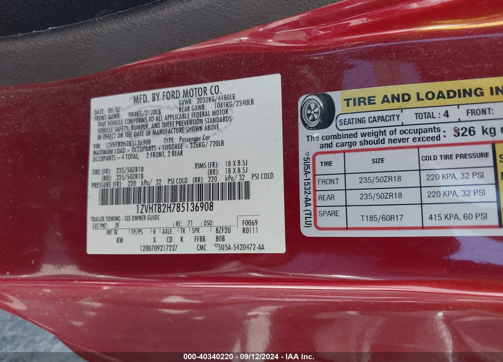 2008 FORD MUSTANG GT DELUXE/GT PREMIUM VIN: 1ZVHT82H785136908