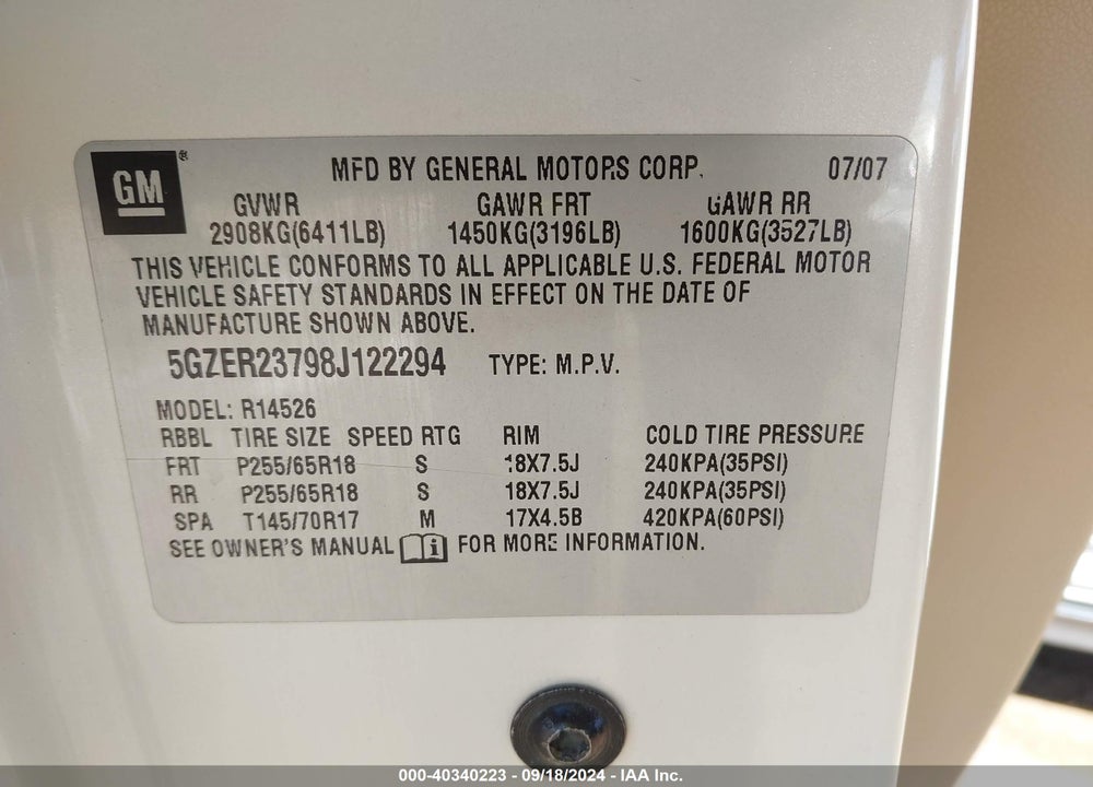 2008 SATURN OUTLOOK XR VIN: 5GZER23798J122294