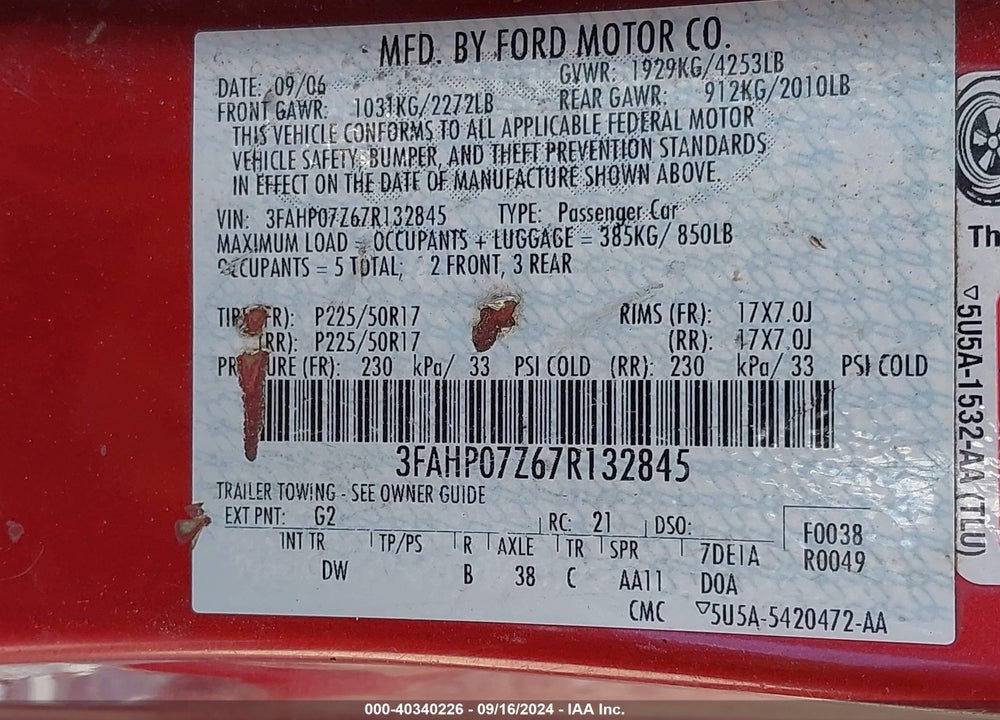 2007 FORD FUSION SE VIN: 3FAHP07Z67R132845