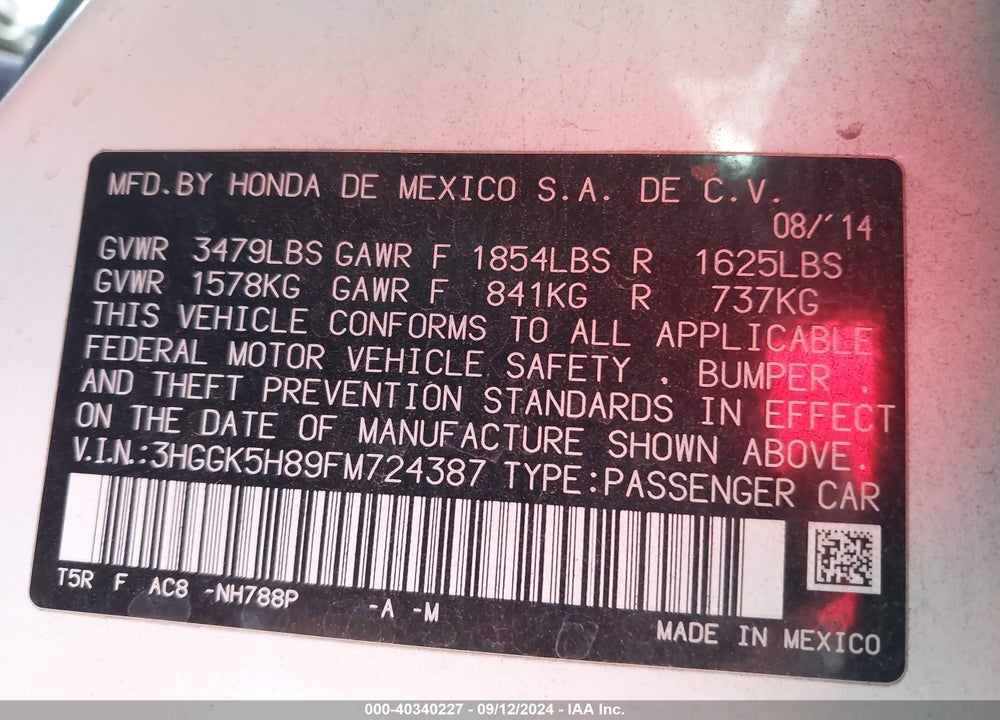 2015 HONDA FIT EX/EX-L VIN: 3HGGK5H89FM724387