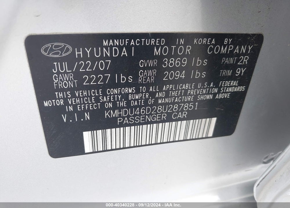 2008 HYUNDAI ELANTRA GLS/SE VIN: KMHDU46D28U287851