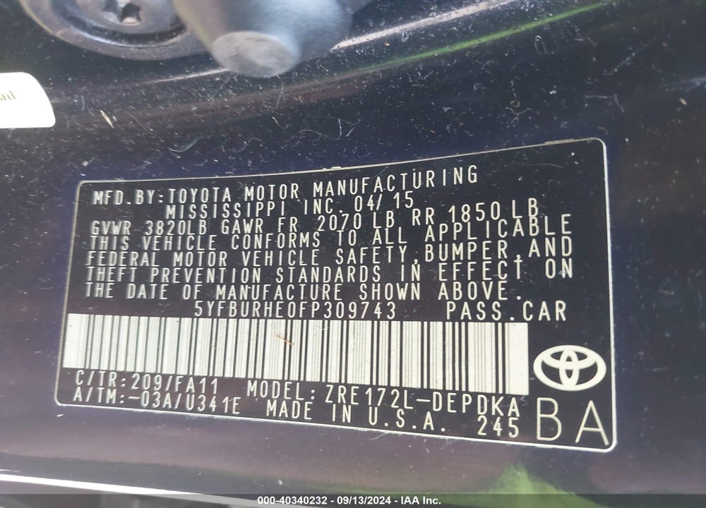 2015 TOYOTA COROLLA L VIN: 5YFBURHE0FP309743