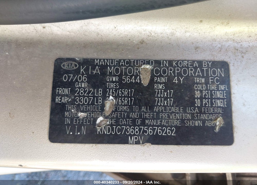 2007 KIA SORENTO LX VIN: KNDJC736875676262
