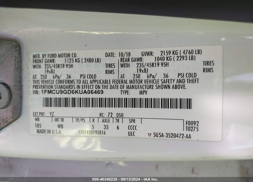 2019 FORD ESCAPE SE VIN: 1FMCU9GD6KUA06469