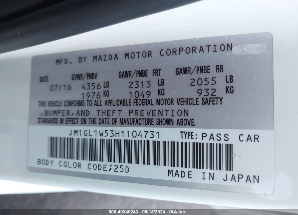 2017 MAZDA 6 GRAND TOURING VIN: JM1GL1W53H1104731