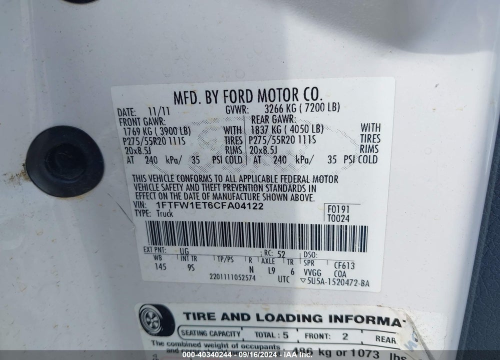 2012 FORD F-150 PLATINUM VIN: 1FTFW1ET6CFA04122