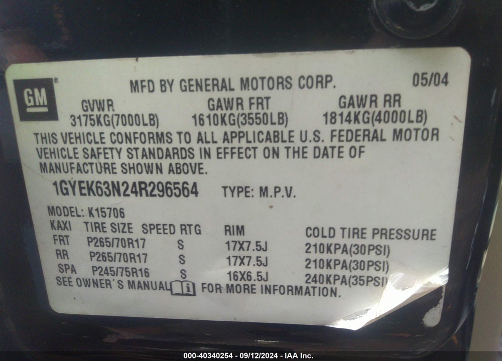 2004 CADILLAC ESCALADE STANDARD VIN: 1GYEK63N24R296564