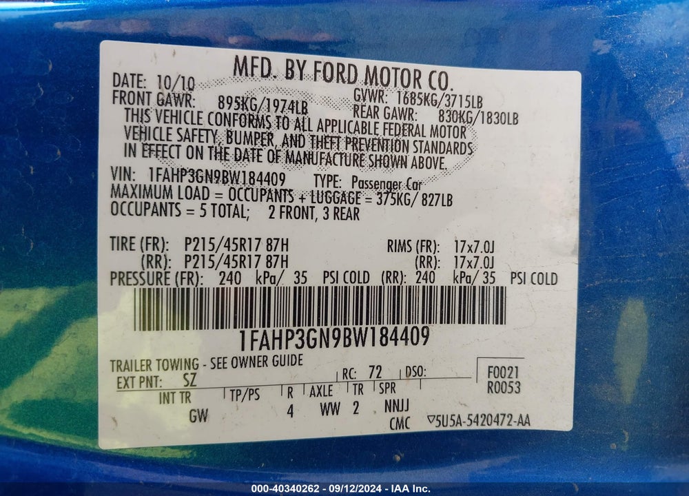 2011 FORD FOCUS SES VIN: 1FAHP3GN9BW184409
